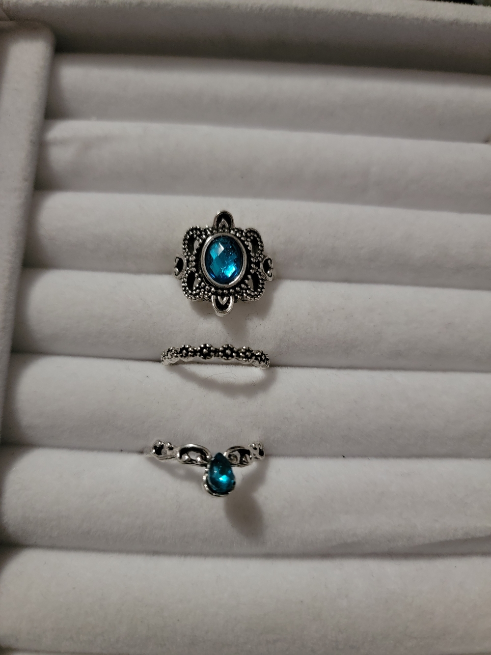 Silver Tone Ring Set with Blue Rhinestone Accents